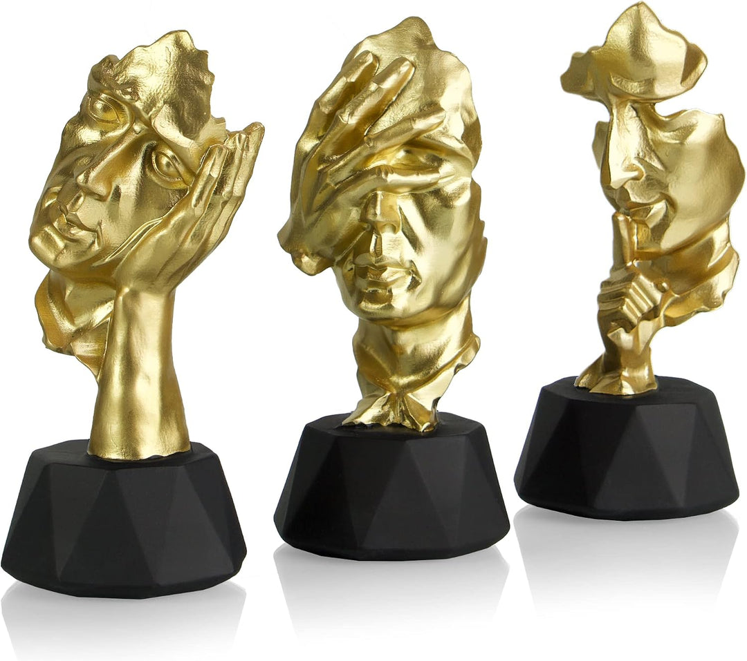 Denker Statue 3er Set – abstrakte Kunst Skulpturen in Gold Schwarz, Gold