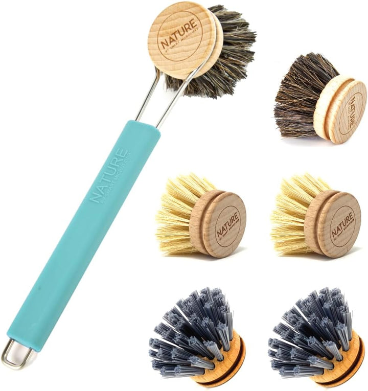XL Spülbürste Set | Spülbürste - austauschbaren Bürstenkopf | Bürstenständer | 2X Kaktus, 2X Rosshaa