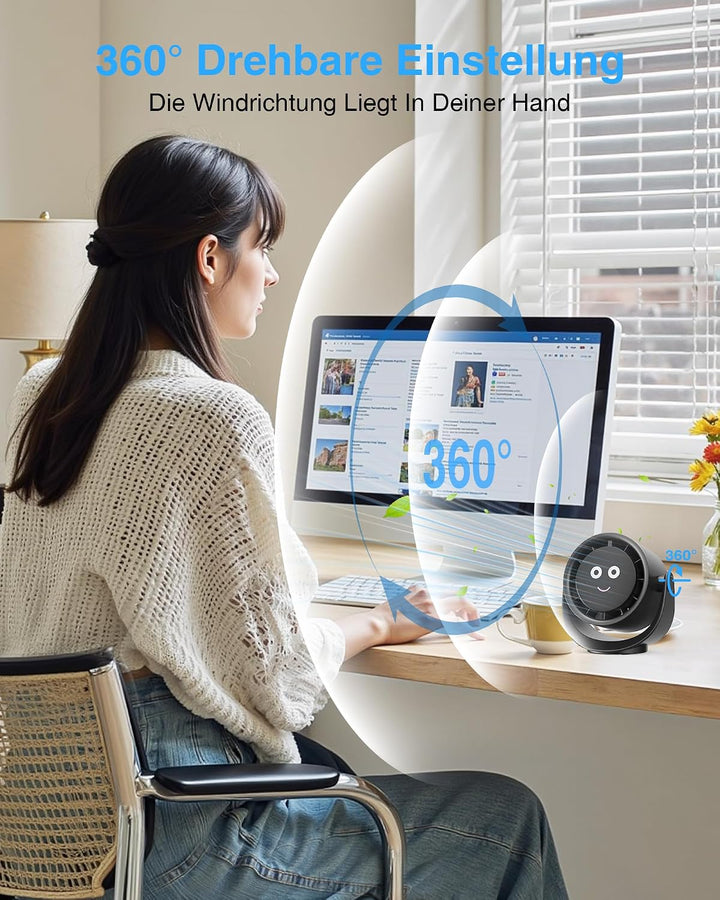 USB Ventilator, Kleiner Tischventilator mit 5 Geschwindigkeiten, LED Display, 360° Drehung Ventilato