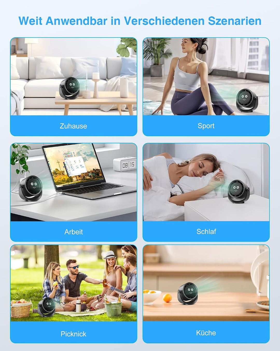 USB Ventilator, Kleiner Tischventilator mit 5 Geschwindigkeiten, LED Display, 360° Drehung Ventilato