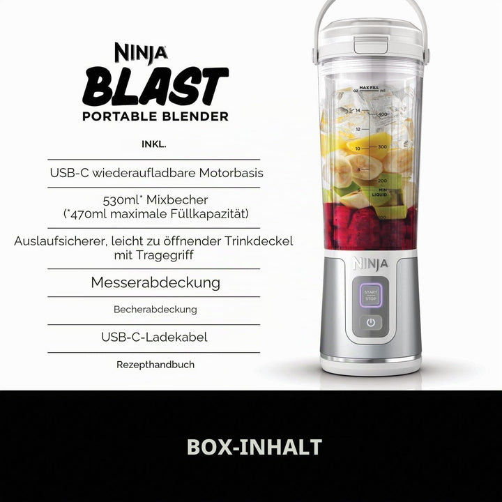 Ninja Blast BC151UKWH Tragbarer Mixer, 530 ml, auslaufsicherer Deckel und Trinkauslauf, leistungssta