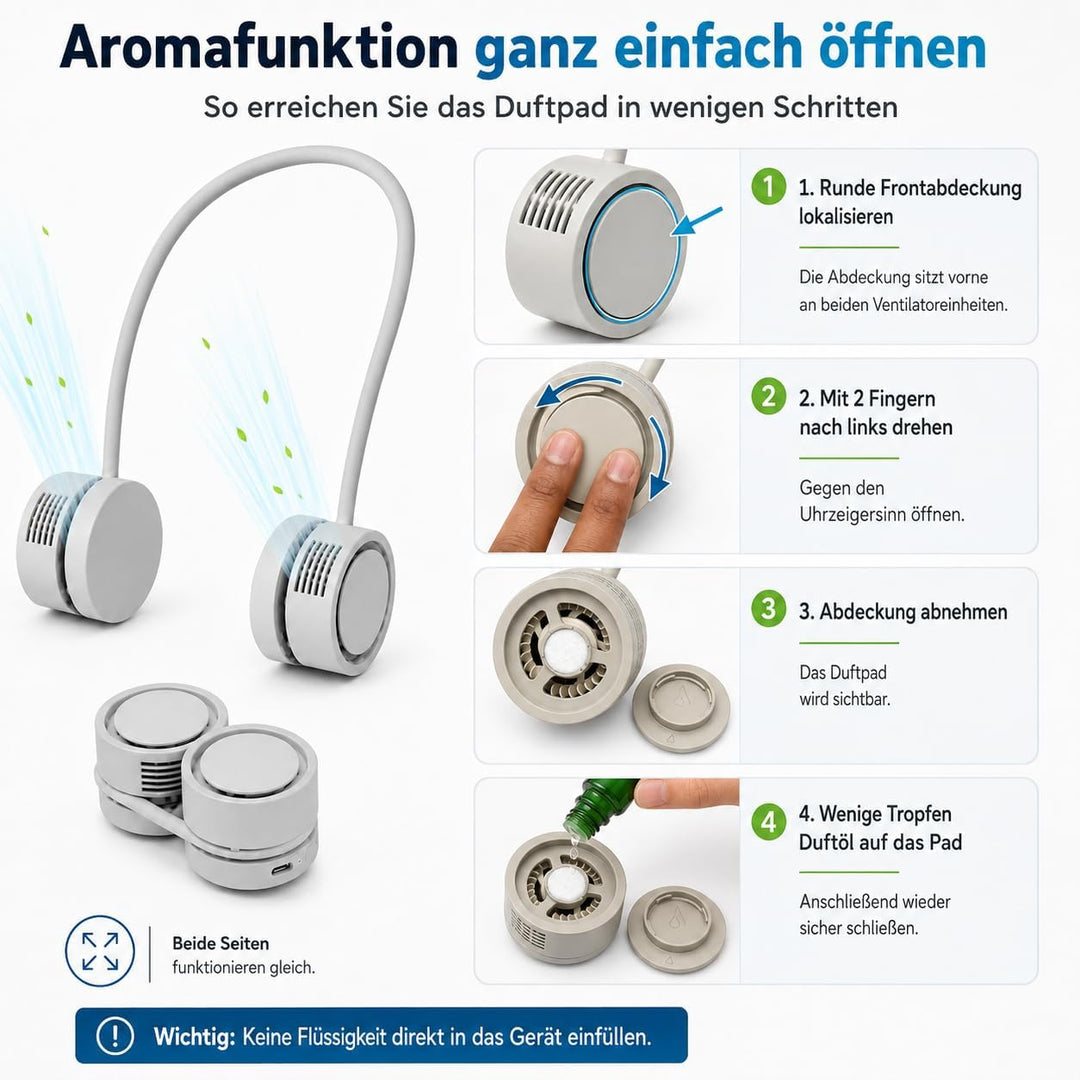 Nackenventilator tragbar USB-C, 180 g Halsventilator kabellos mit 3 Windstufen, Aromafunktion, flexi