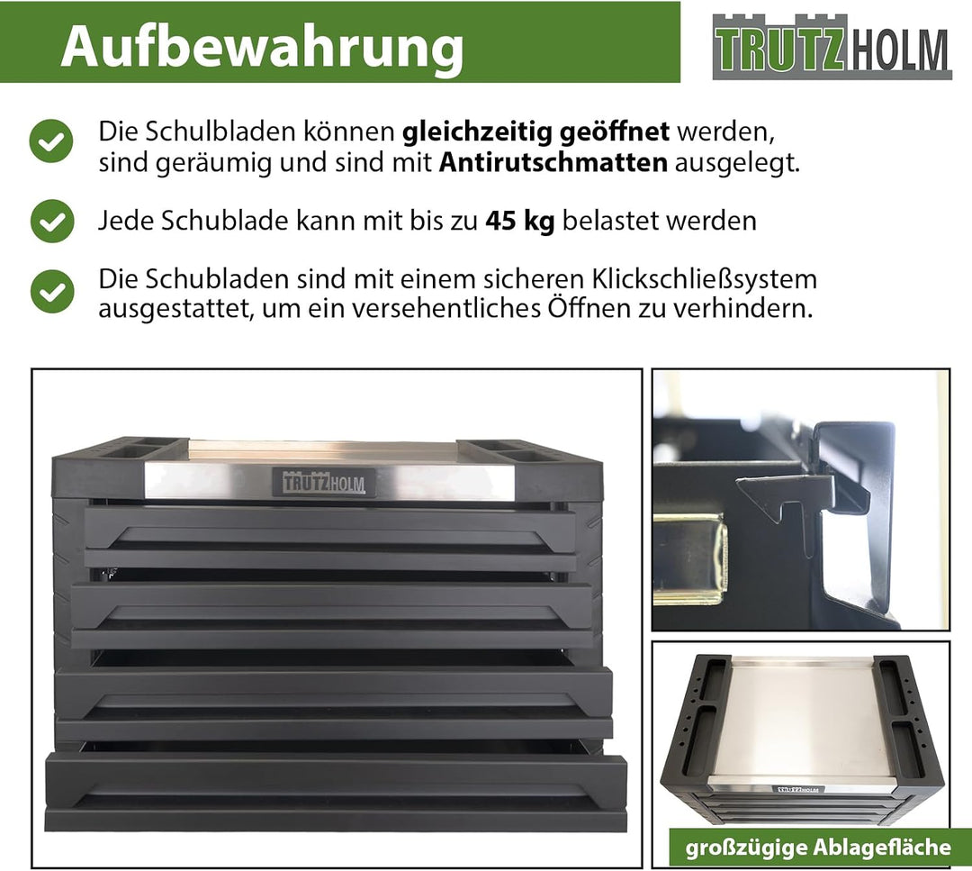 TRUTZHOLM Werkzeugkiste Werkstattwagen Aufsatz Box Koffer Werkzeugkasten 4 Schubladen leer (Schwarz)