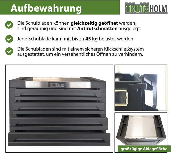 TRUTZHOLM Werkzeugkiste Werkstattwagen Aufsatz Box Koffer Werkzeugkasten 4 Schubladen leer (Schwarz)