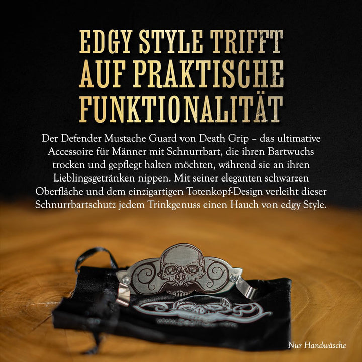 Death Grip Schnurrbartschutz, Edelstahl-Schädel-Clip für Kaffee, Bier, Wein, Gläser, Tassen, tragbar