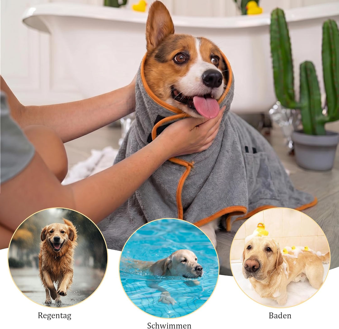 Hundebademantel Mikrofaser mit Klettverschluss saugstark Grau mit orangefarbenem Rand M, Grau mit or