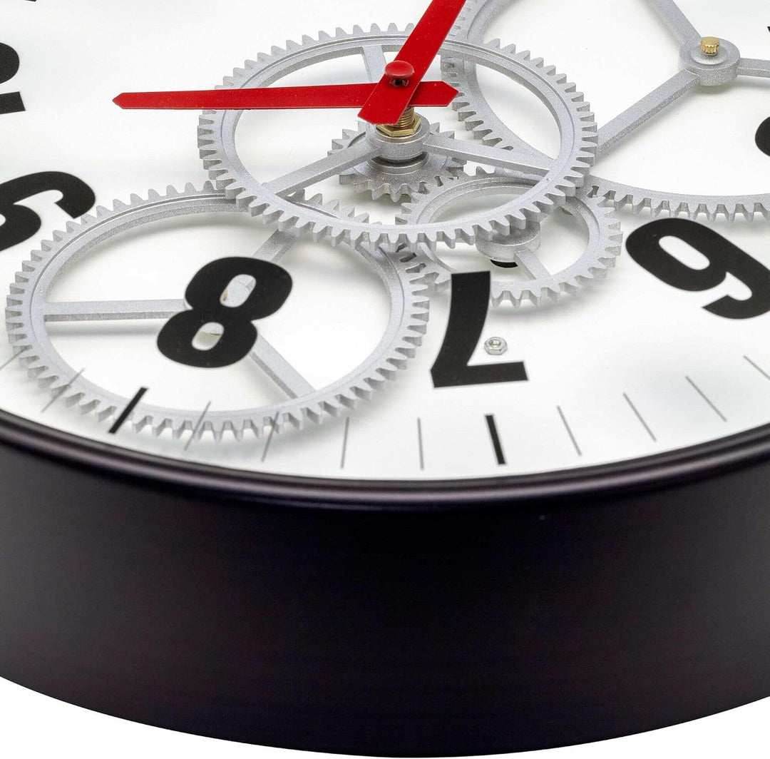 NeXtime Moderne Gear Uhr mit beweglichem Getriebe, Weiss, 36 cm, Metall/Glas