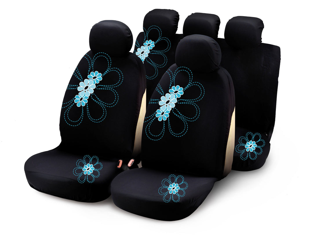 Bottari 29017 Sitzbezüge My Spring Flower mit Hellblauen Blumen, 9 Teile, Schwarz