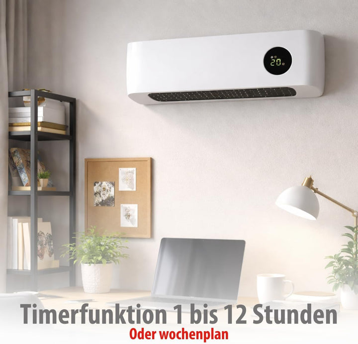 alpina Wand Heizlüfter 2000W – Keramik Heizstrahler mit 2 Leistungsstufen und Timer – Digital Thermo