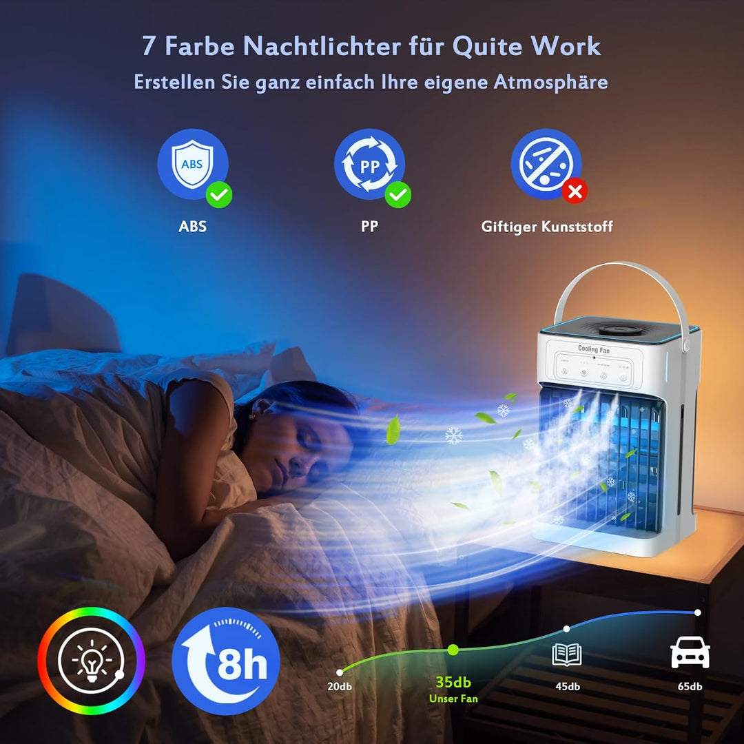 Mobile Klimaanlage,Mini Luftkühler mit Wasserkühlung und 1100ML Wassertank, 3 Luftgeschwindigkeiten