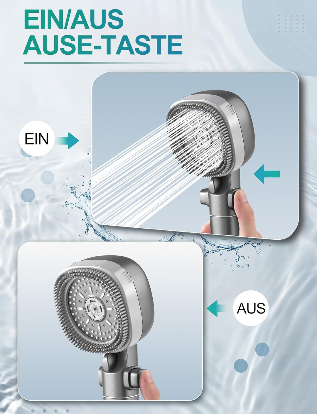 FEELSO quadratische Handbrause mit Filter und 4 Strahlarten, Gunmetal Grau, Grau