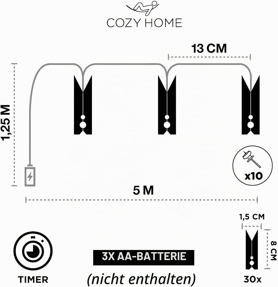 CozyHome Foto Lichterkette Fotoclips - 30 LED mit Klammern &amp; 5m Timer Batterie I Fotolichterketten F