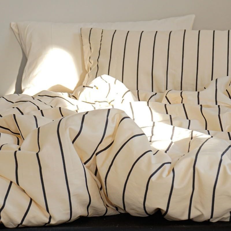 Bettwäsche 135x200 Beige Gestreift Streifen mit Kissenbezug 80x80cm Dunkelbeige Streifen 135x200cmx1