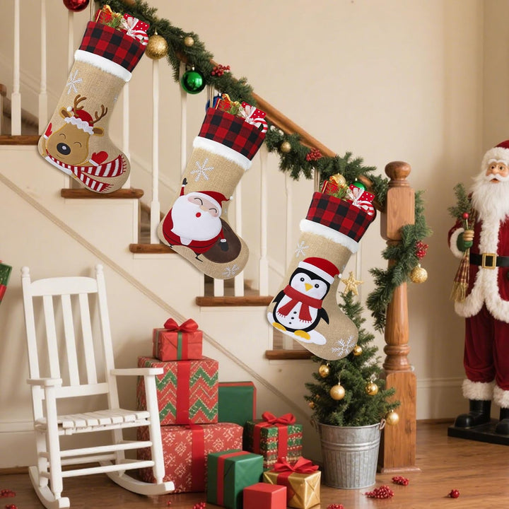 LOMOHOO 3 Stück Weihnachtsstrümpfe 46cm/18Zoll Grosse Bestickte Weihnachtsstrümpfe mit Weihnachtsman