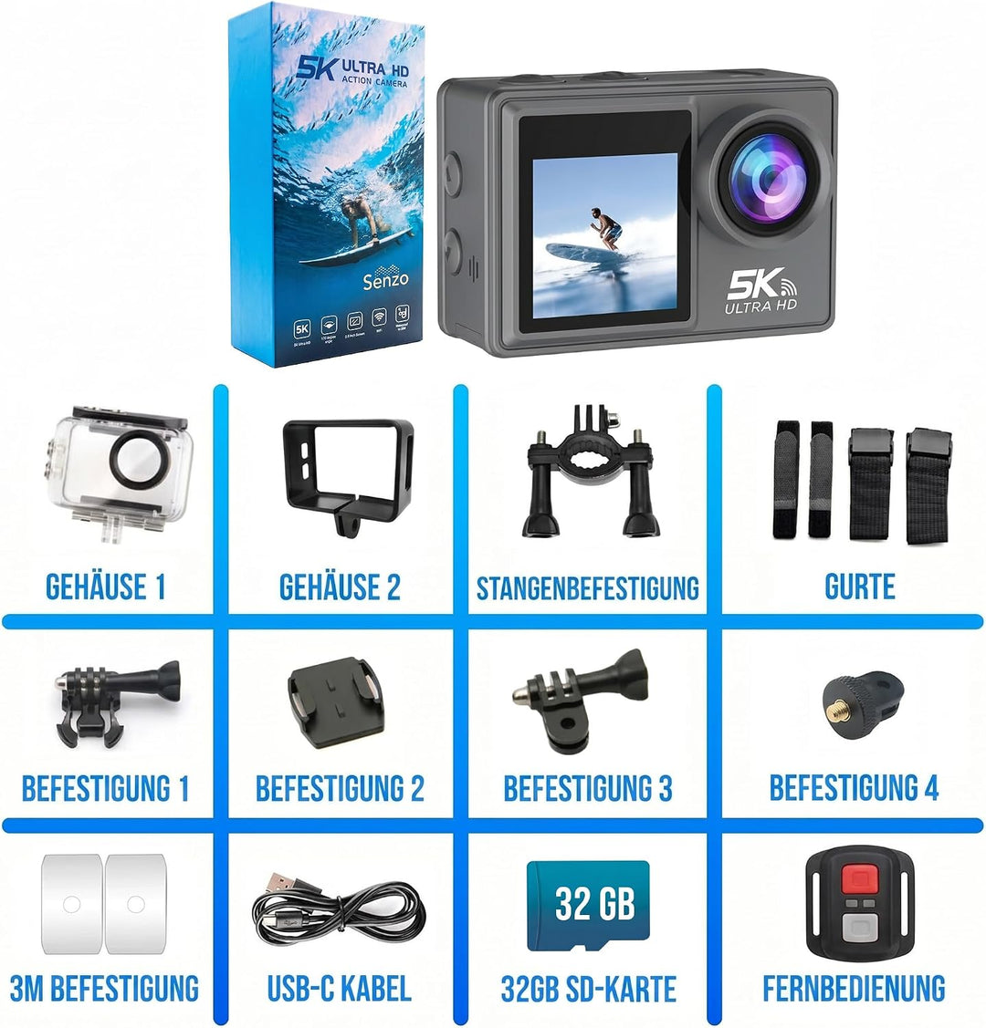 Senzo Action Cam 5K - 50MP - 60FPS - WiFi - Unterwasserkamera - 30M - Digitalkamera - Videokamera -