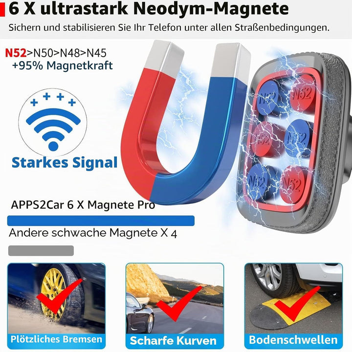 APPS2Car Magnet Handyhalterung Auto Mit 6 Starken Magnet,Schwanenhals,verstellbarer langer Arm,Kompa