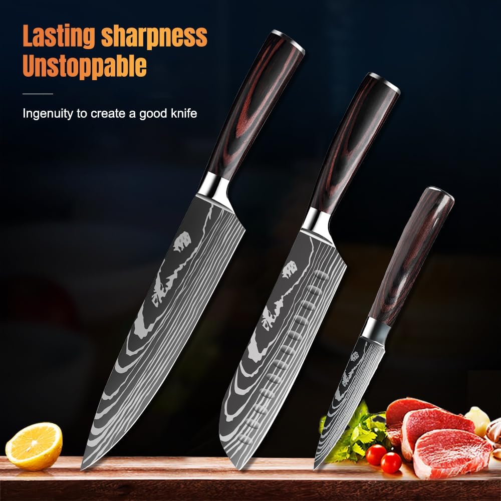 KEPEAK 3-tlg Küchenmesser Set: Küchen Messerset -Scharf Küche Messer Set - Kitchen Knife Set mit Koc
