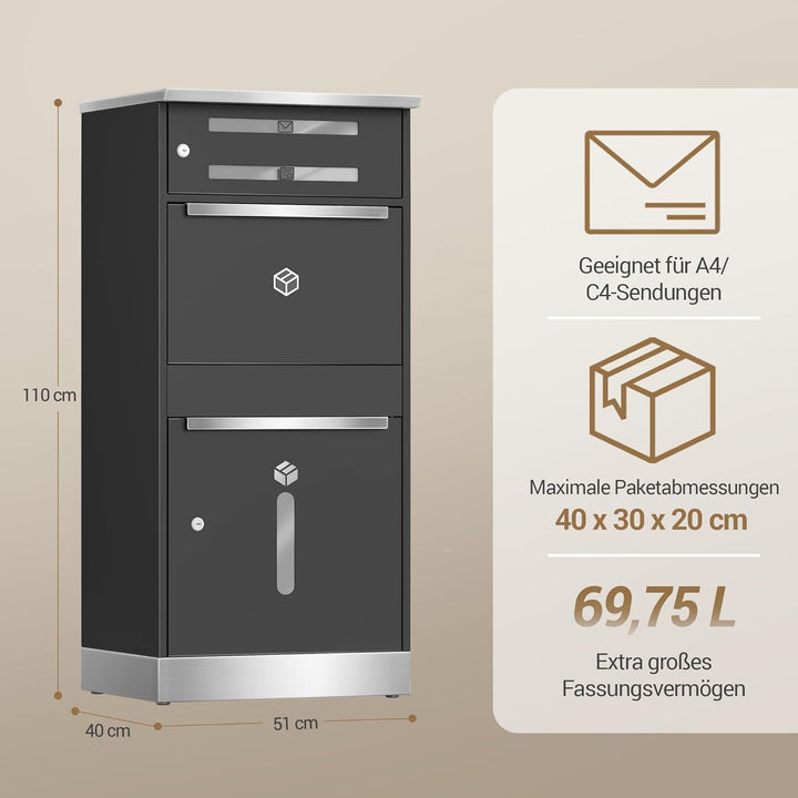 Hzuaneri Paketbox, Paketbriefkasten XXL mit Paketfach, Sichtfenster, Stahl, Abschliessbar, Standbrie