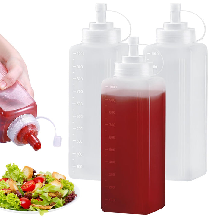 3 Stück Plastik Squeeze Flasche: 1000ML Breiter Mund Quetschflasche Mit Kappen, Transparent Kein Lec