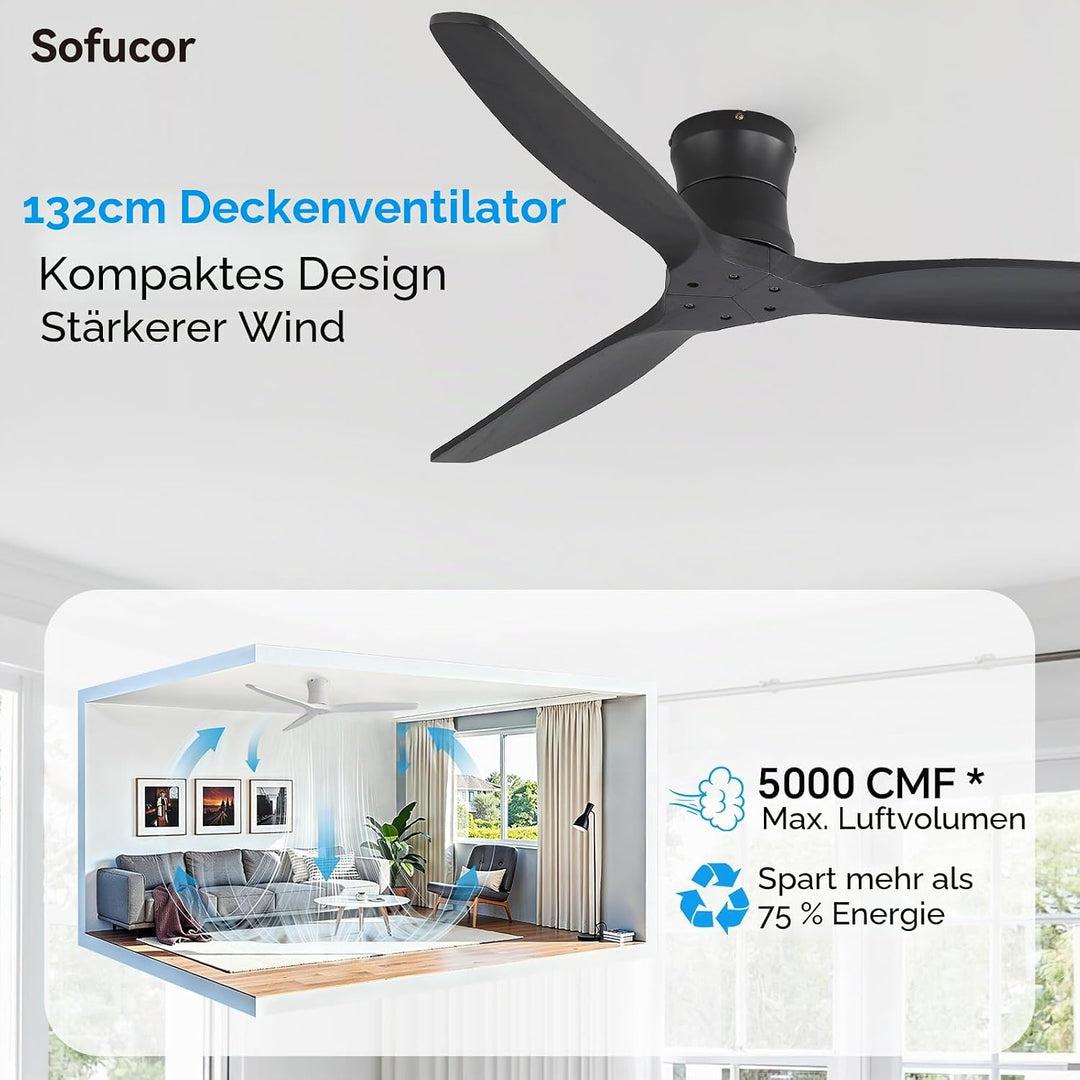 Sofucor Smart Deckenventilator mit Alexa/APP, 132cm Massivholz Deckenventilator mit Fernbedienung, W