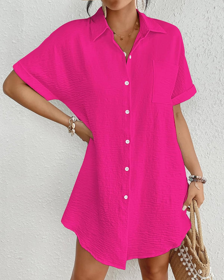 Bsubseach Frauen Badeanzug Coverup Shirt Kleid Button Down Badeanzug Cover Up Beachwear Knallpink (H