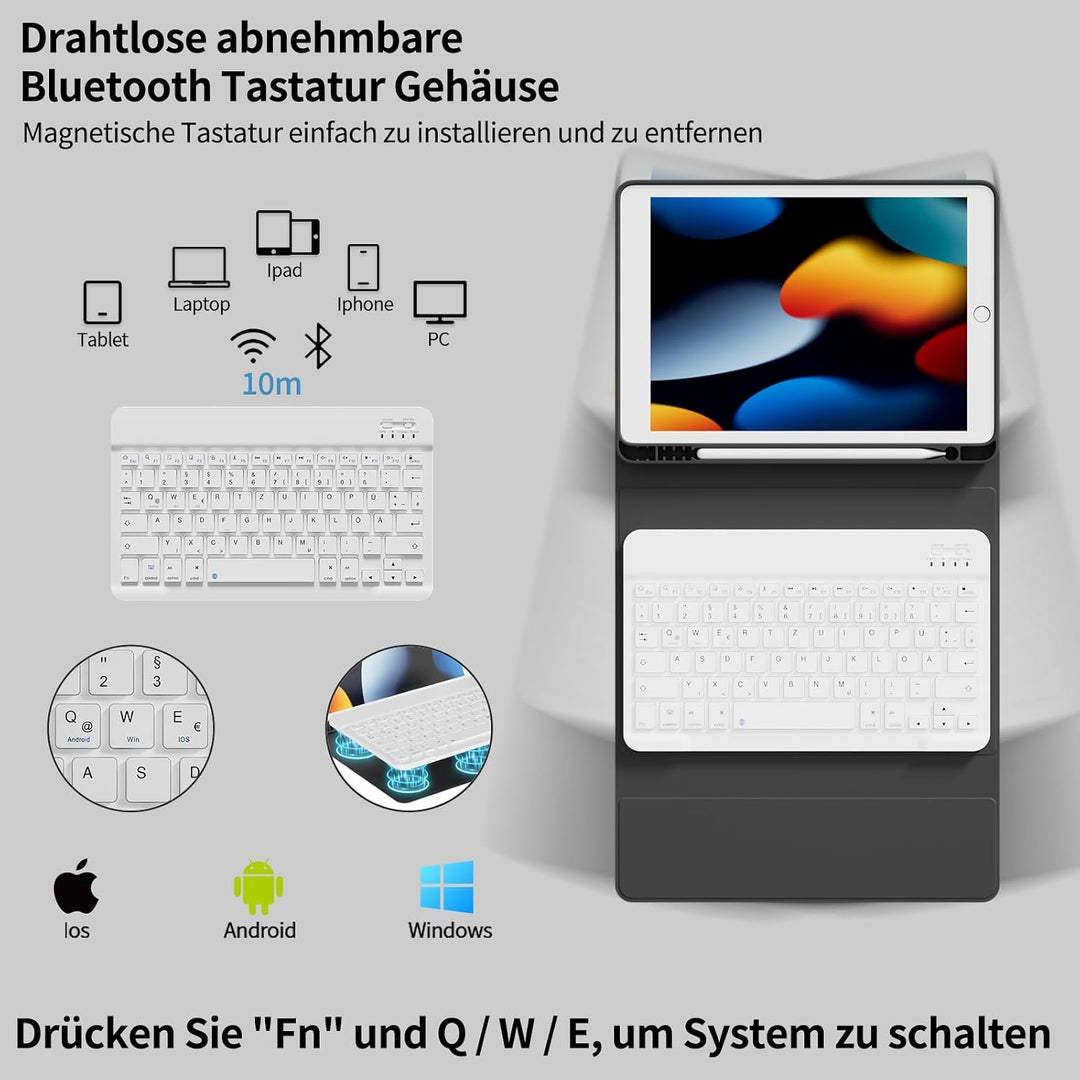 Bluetooth Tastatur Hülle für iPad 9./8./7. Generation, Schwarz, Schwarz