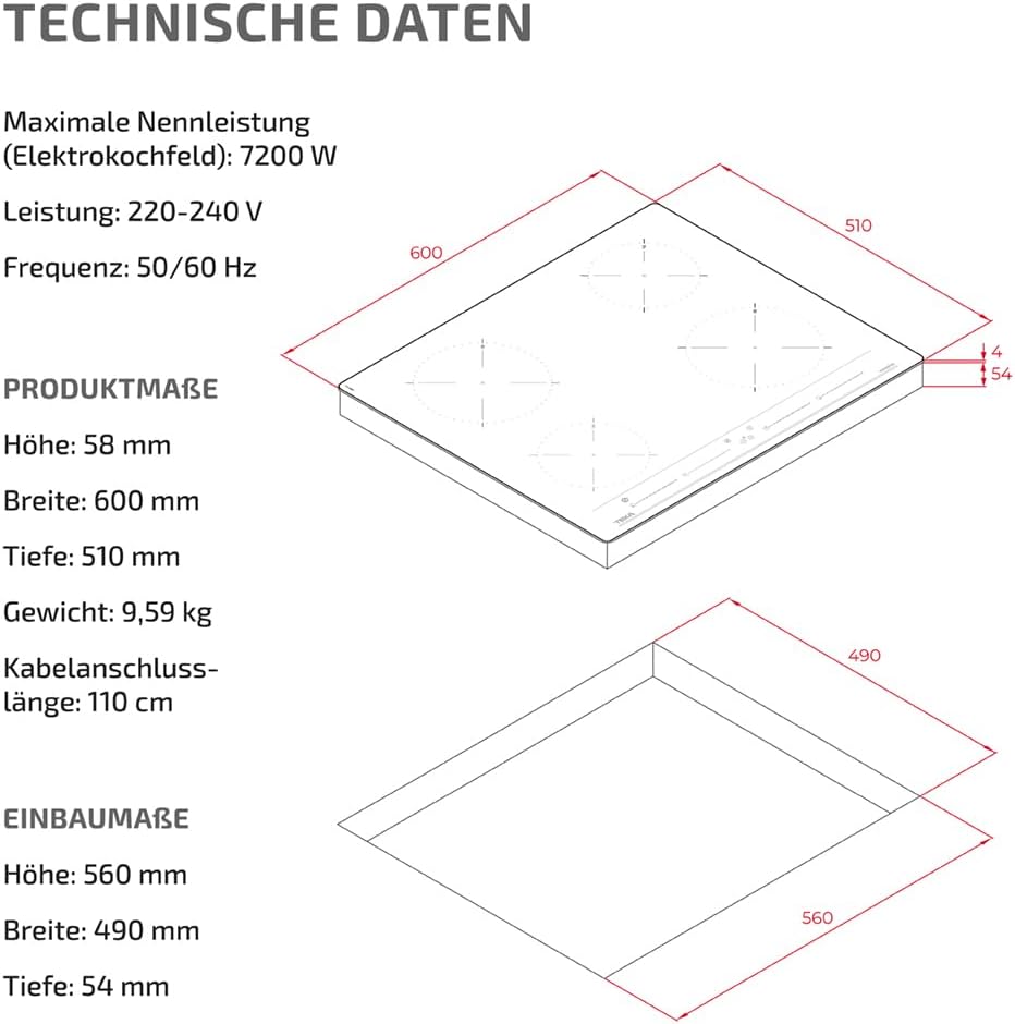 60cm Induktionskochfeld mit 4 Kochzonen, Multislider Bedienung