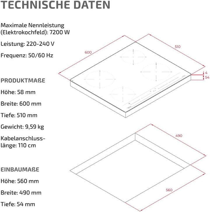 60cm Induktionskochfeld mit 4 Kochzonen, Multislider Bedienung