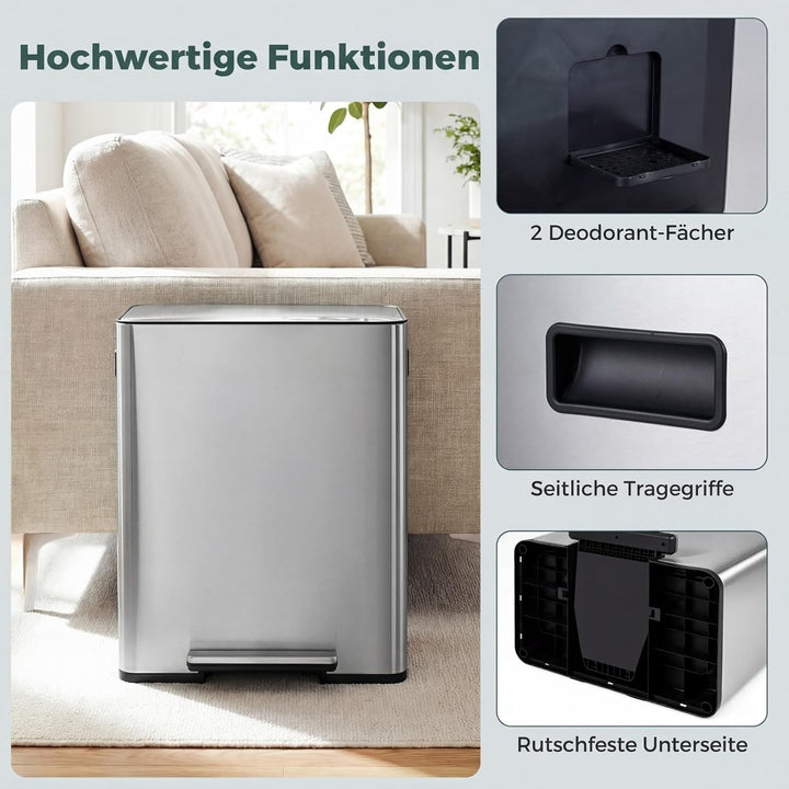 COSTWAY Mülleimer Küche, 60L Mülltrennsystem 2 Fächer, Tretmülleimer aus Edelstahl mit Pedal &amp; Softc