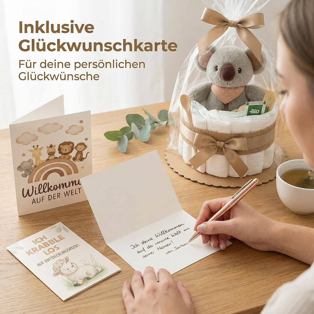 Windeltorte Mädchen &amp; Junge mit Koala Greifling, Boho Vintage Handmade Beige - Boho Koala, Beige - B
