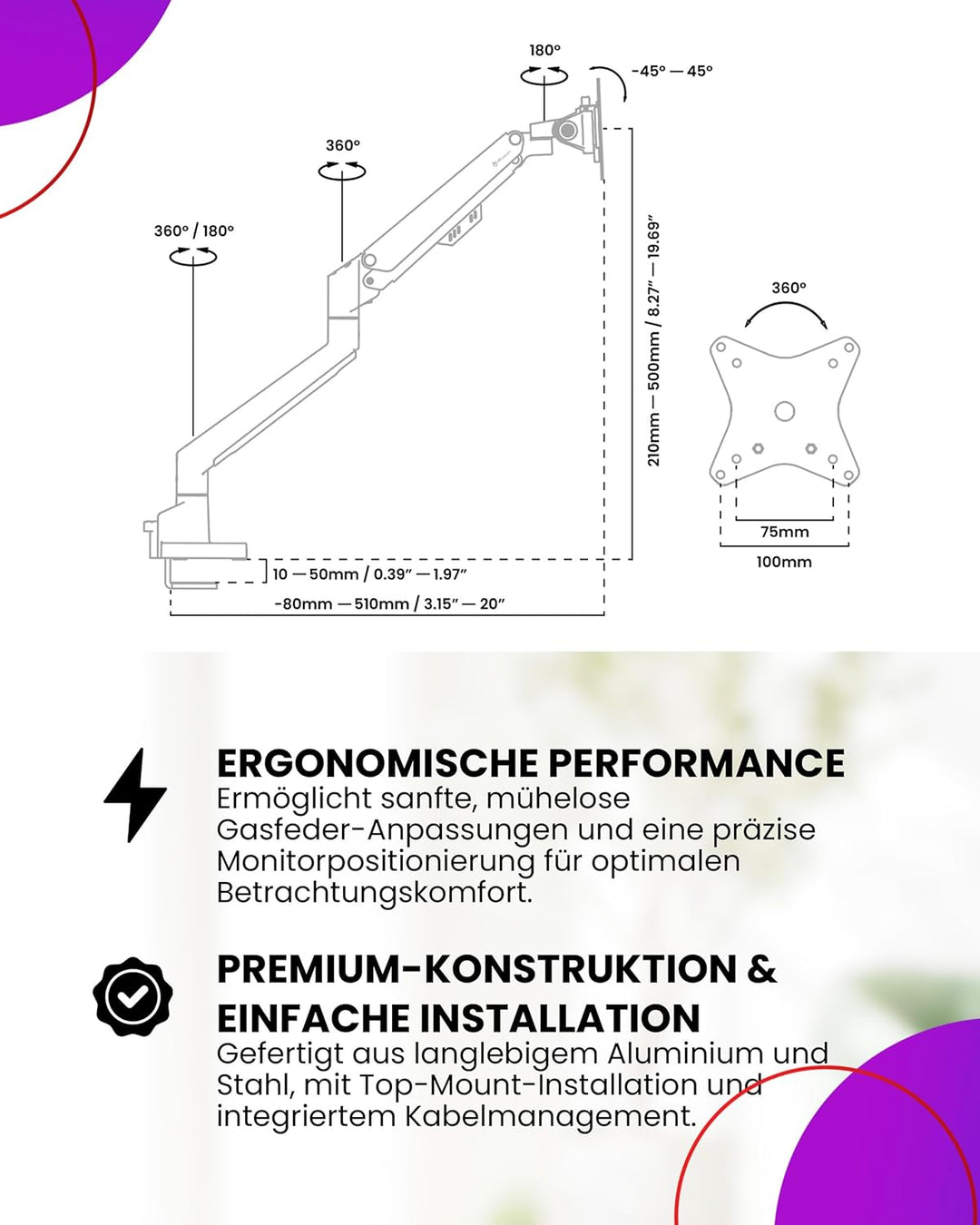 Arozzi Alzare Neo Duo Monitorarm mit Gasfeder - 2 Arme, für 43–86 cm Monitore, VESA 75/100, 360° dre