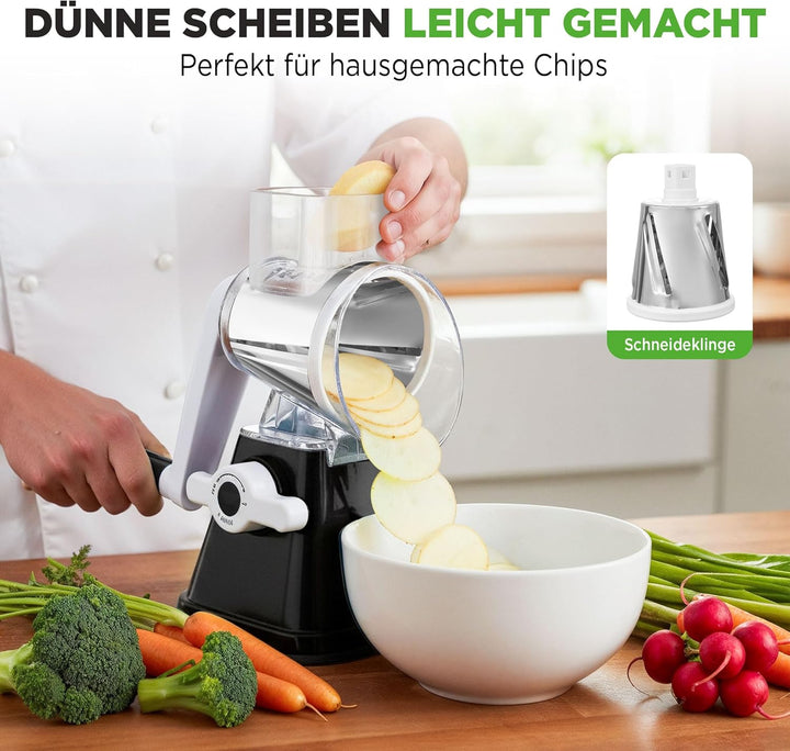 NutriChef Gemüsehobel mit Kurbel, 3 Klingen für Käse &amp; Gemüse – Schwarz, Schwarz