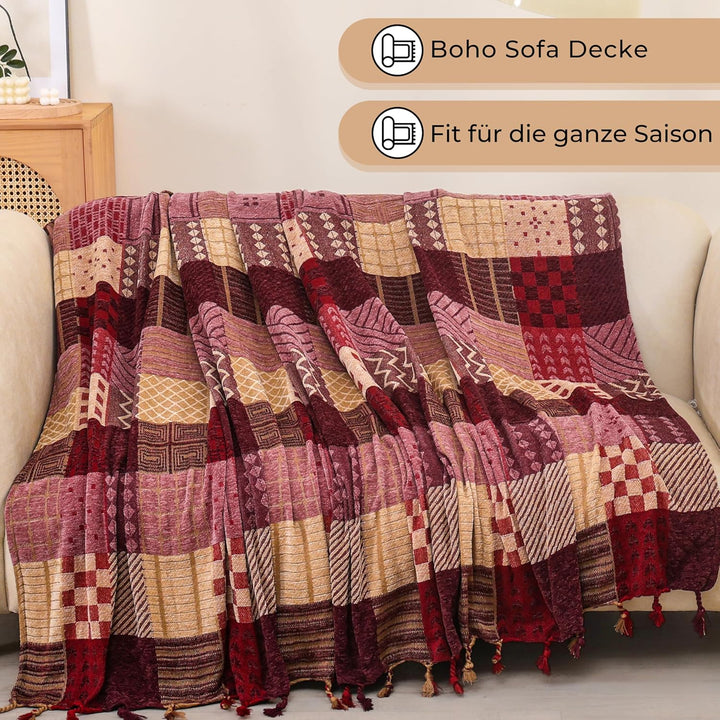 HOORDRY Chenille Gewebte Decke,Patchwork Doppelseitig Überwurf Rot 220 x 260 cm, Rot 220 x 260 cm