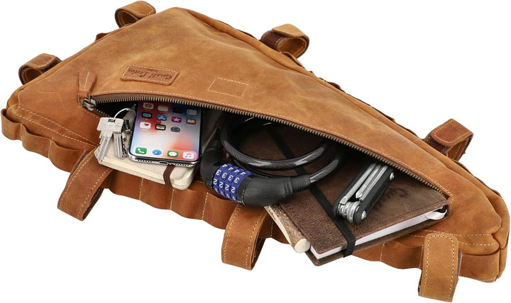 Gusti Fahrradtasche Leder - Roger V. Rahmentasche Ledertasche Vintage Look Fahrradzubehör Braun