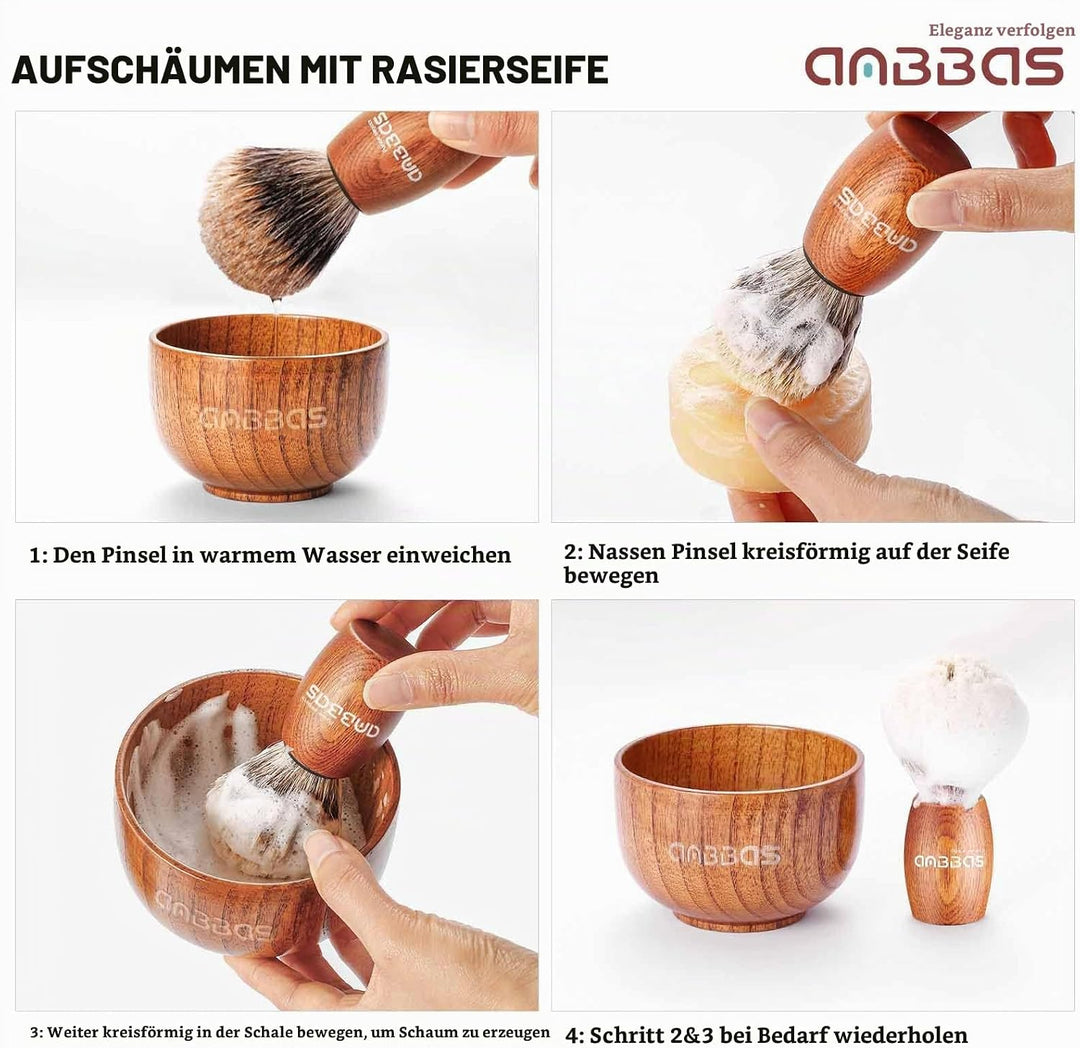 Anbbas 4in1 Rasierset, Reines Dachshaar Rasierpinsel Holzgriff und Grosse Seifenschale,Edelstahl Ras