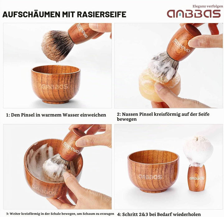 Anbbas 4in1 Rasierset, Reines Dachshaar Rasierpinsel Holzgriff und Grosse Seifenschale,Edelstahl Ras