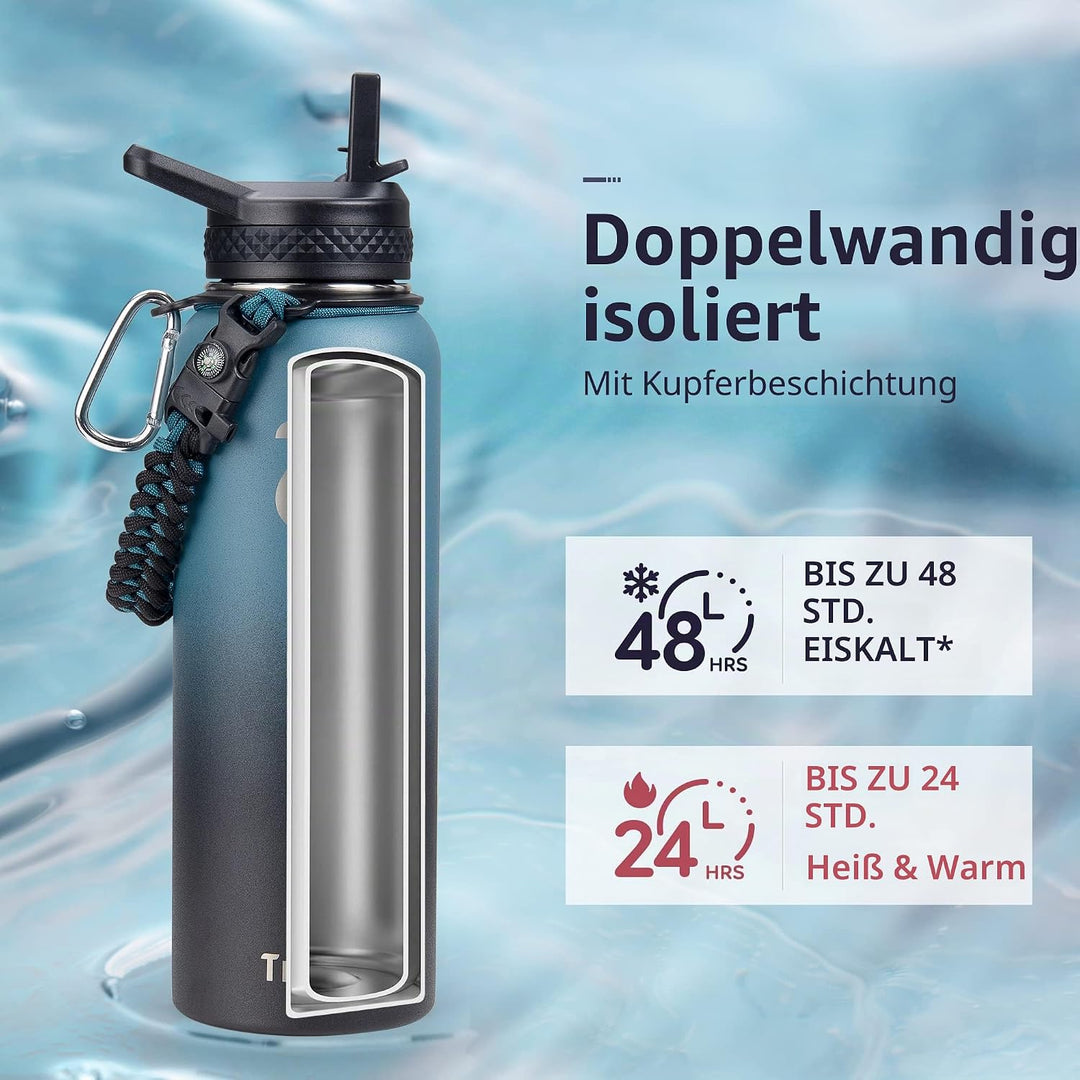 Trebo 1.2 L Edelstahl Trinkflasche Isoliert mit Paracord-Griff &amp; 3 Deckeln Indigoschwarz 1183 ml, In