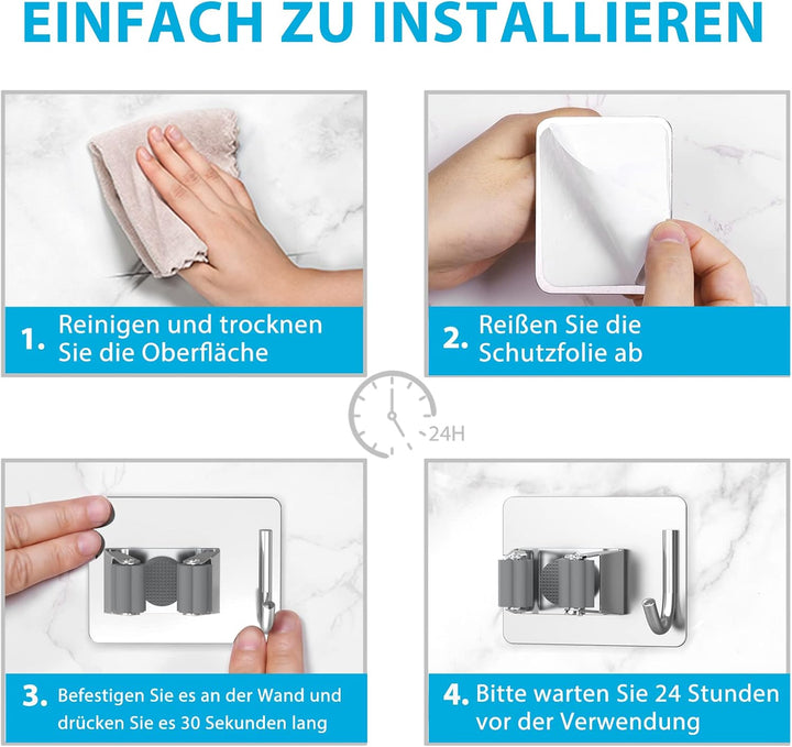 HOMEASY Besenhalterung Wand Selbstklebend 4 Stück Besenhalter Einzeln Gerätehalter mit Haken Ohne Bo