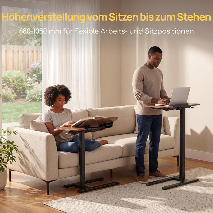 Viviendo Betttisch auf Rollen, Braun, höhenverstellbarer Beistelltisch 68–108 cm mit Gasdruckfeder,