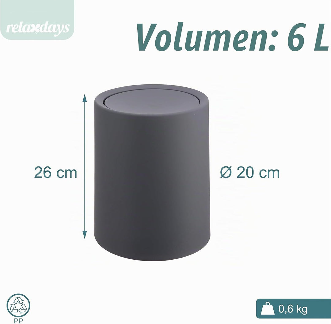 Relaxdays Kosmetikeimer, 6 Liter, Schwingdeckel, Inneneimer, matter Kunststoff, runder Badezimmer Mü