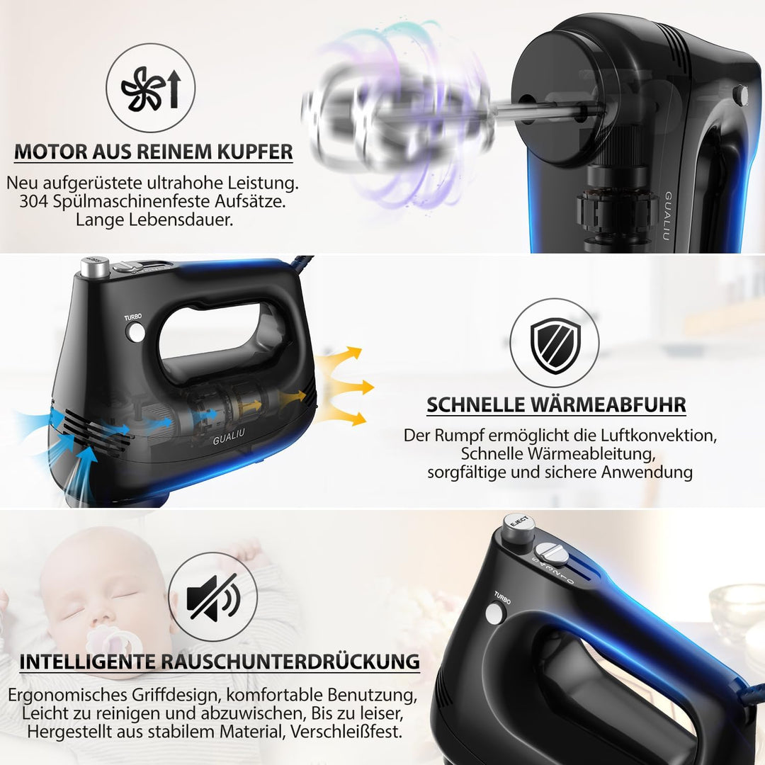 GUALIU Elektrischer Handmixer mit 304 Edelstahl-Rührbesen, Knethaken, Handrührgerät zum Backen von K