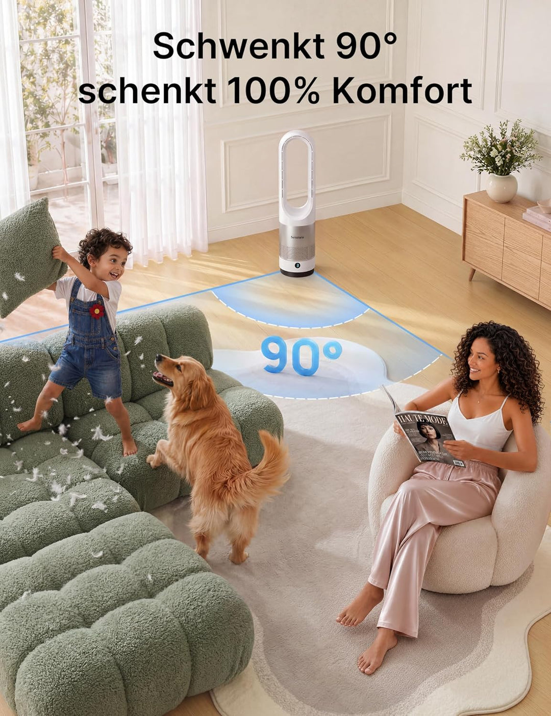 Rotorloser Turmventilator 55 cm | Fernbedienung, 90° Oszillation, 8 Geschwindigkeiten, 9H Timer, LED