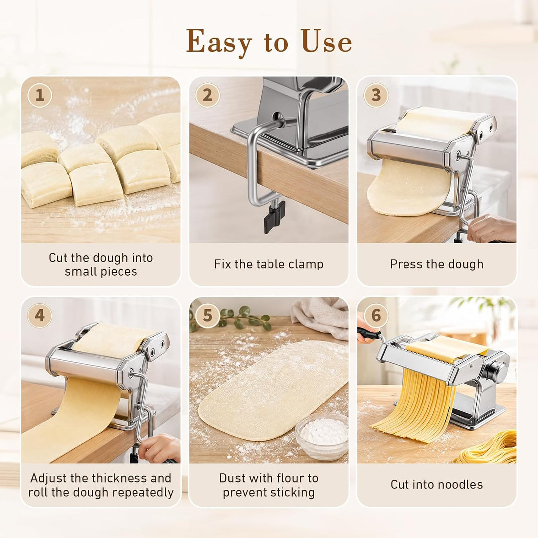 Nudelmaschine Manuelle, Edelstahl Pasta Maker mit 2 Schneidern, Nudeltrockner Nudelständer und 9 Ein