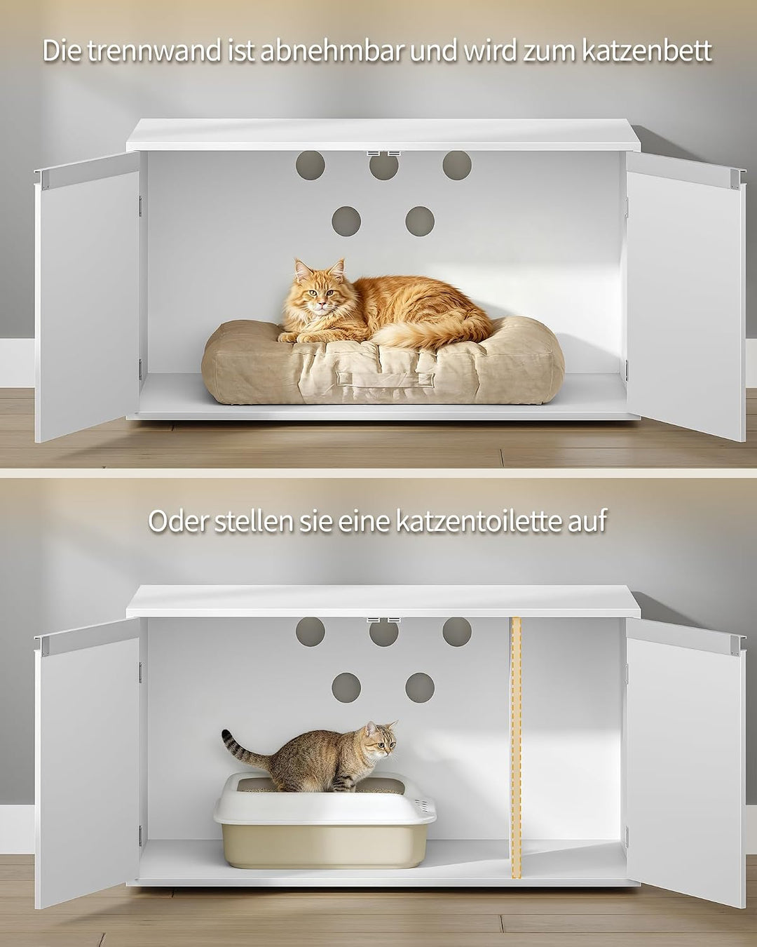 Hzuaneri Katzenschrank, 100cm Katzenklo Schrank Abnehmbarer Trennwand, Weiss | Katzenhaus Verstellba