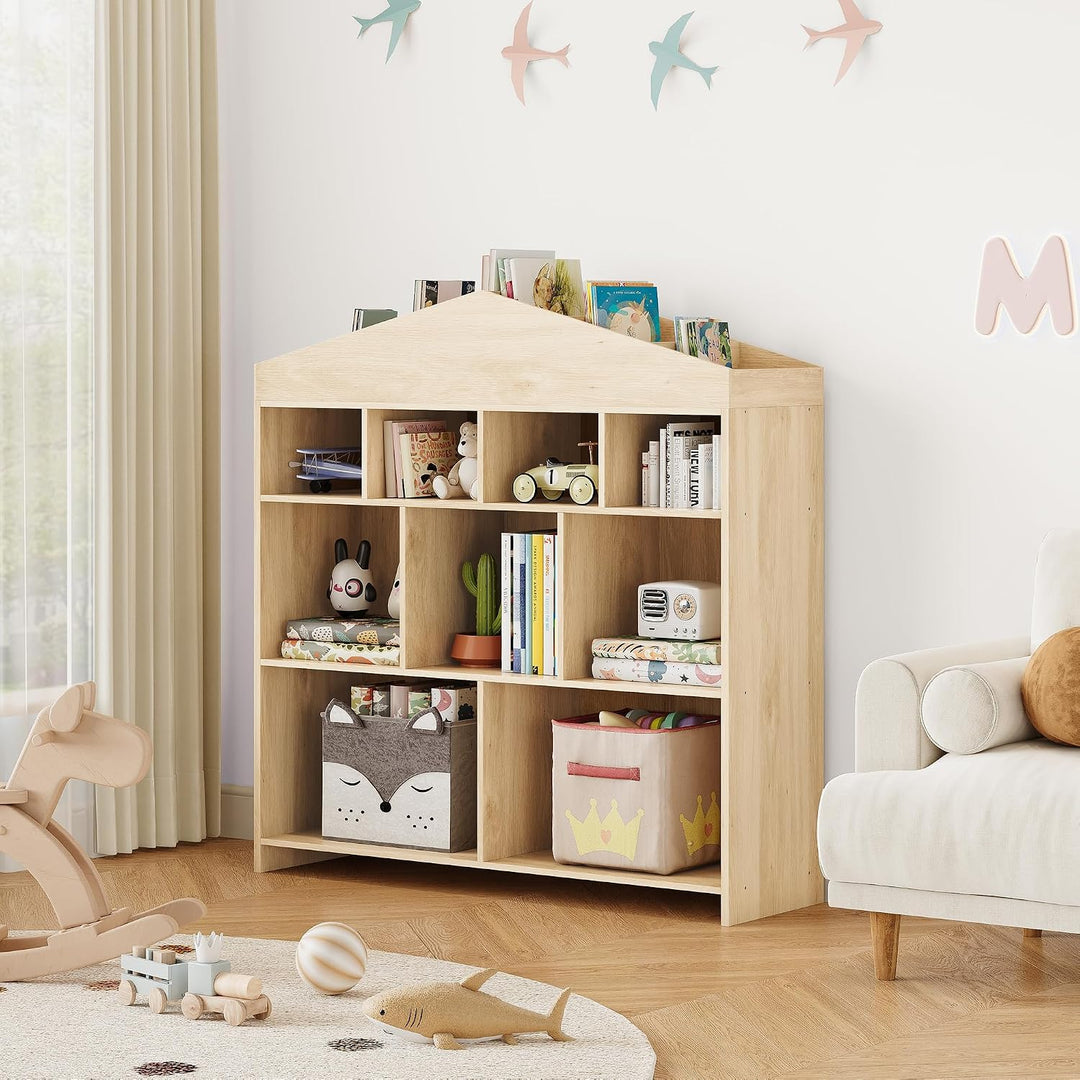 Kinderregal mit 9 Fächern, Naturholz, Spielzeugregal, Natur