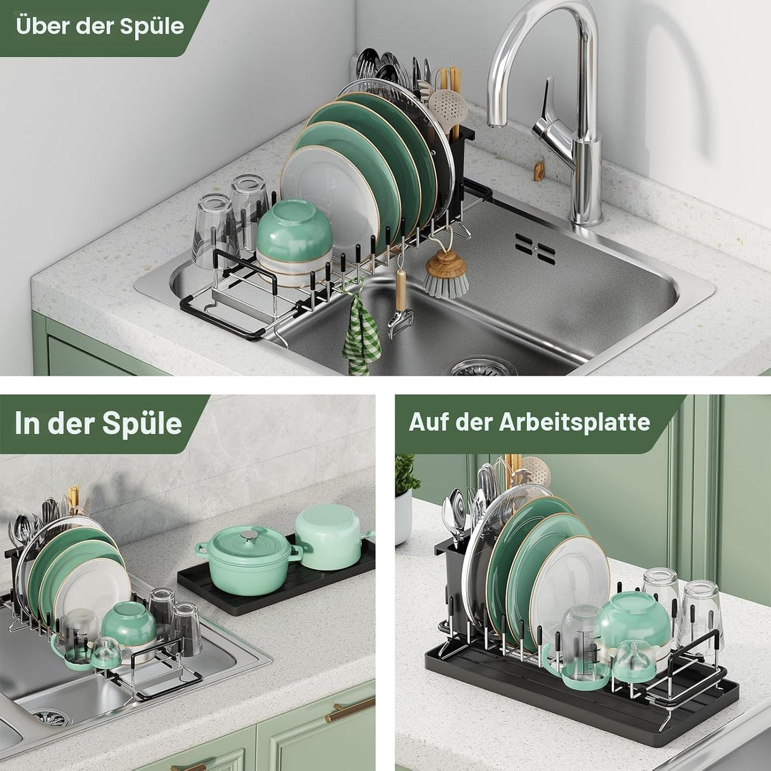 Aufworld Erweiterbarer Geschirrtrockner aus 304 Edelstahl (rostfrei) – Mit Silikon-Abtropfschale &amp; B