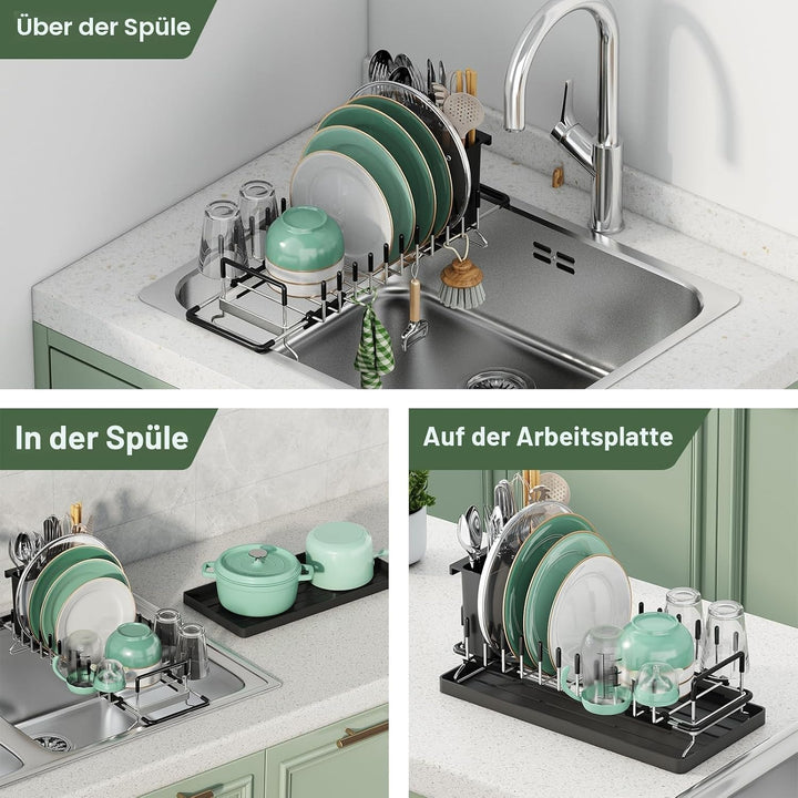 Aufworld Erweiterbarer Geschirrtrockner aus 304 Edelstahl (rostfrei) – Mit Silikon-Abtropfschale &amp; B