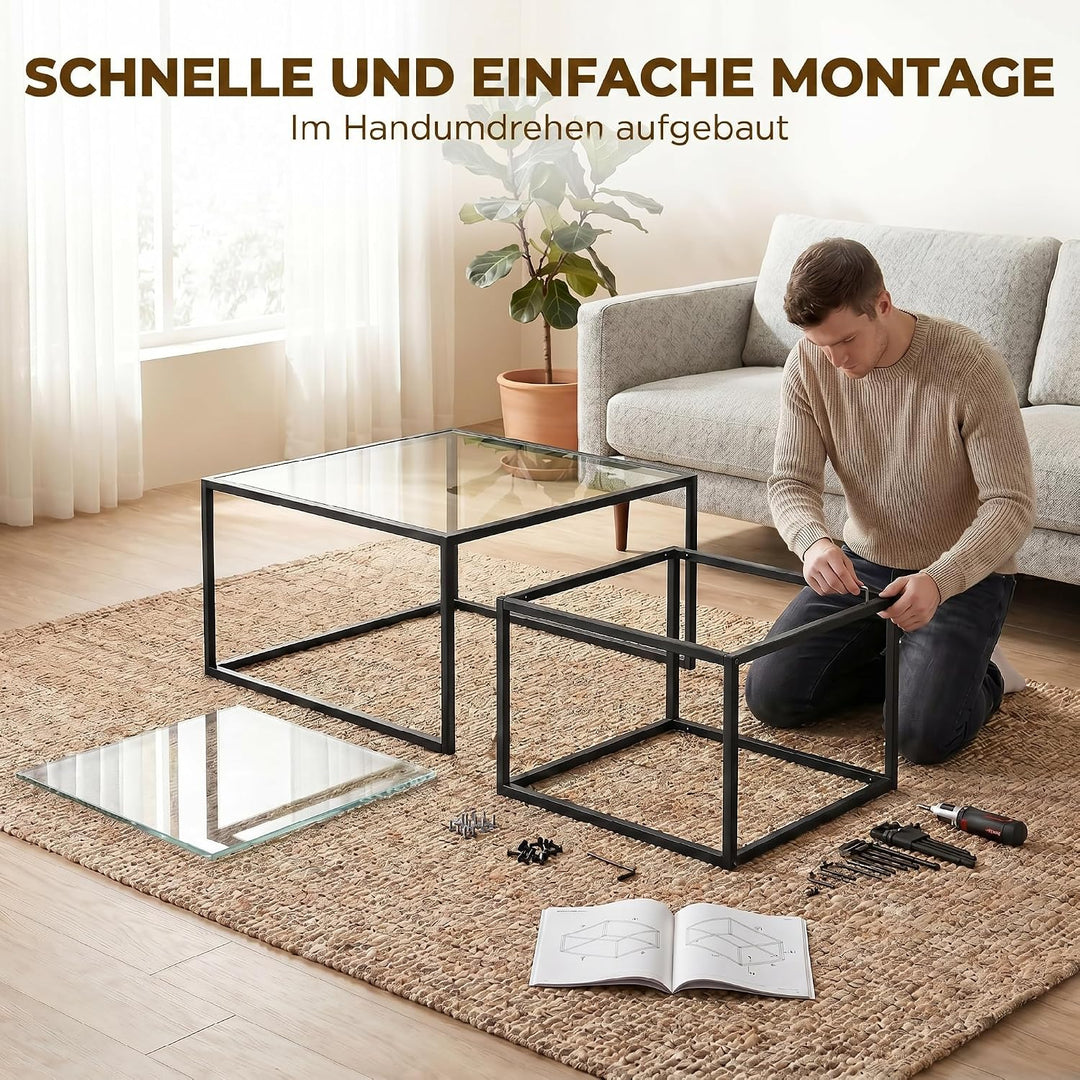 HOMCOM Couchtische 2er-Set Satztisch mit Gehärteter Glasplatte Schwarz