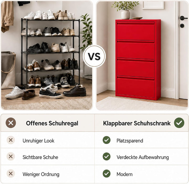 Schuhschrank Schmal, 4 Regale, Metall Schuhkipper mit Magnet-Klappen, Freistehend oder Wandmontage,