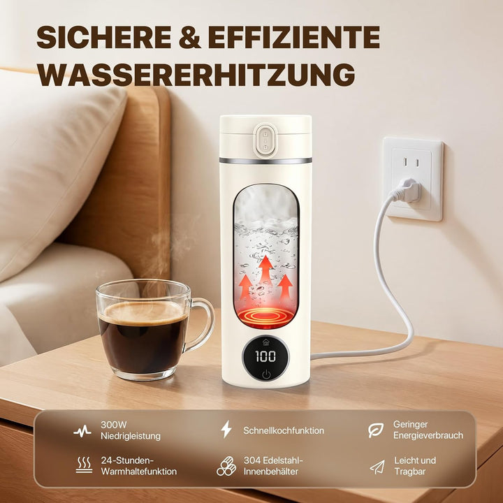 Reisewasserkocher Klein, 450ML Mini Wasserkocher Tragbarer mit 6 Temperaturstufen, Heizung Automatis
